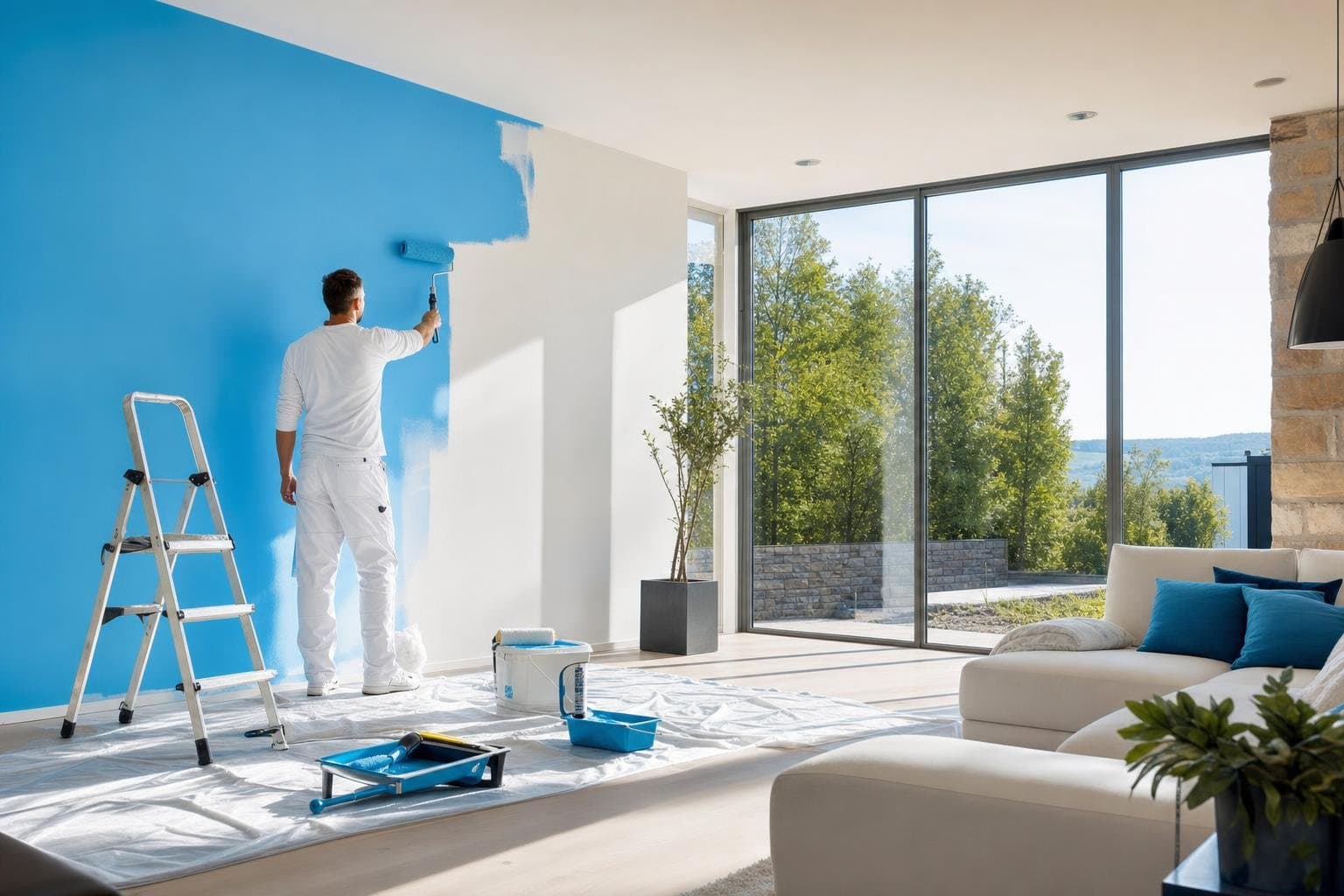 Peintre professionnel de DPS Sàrl en train de repeindre un intérieur lumineux au Luxembourg