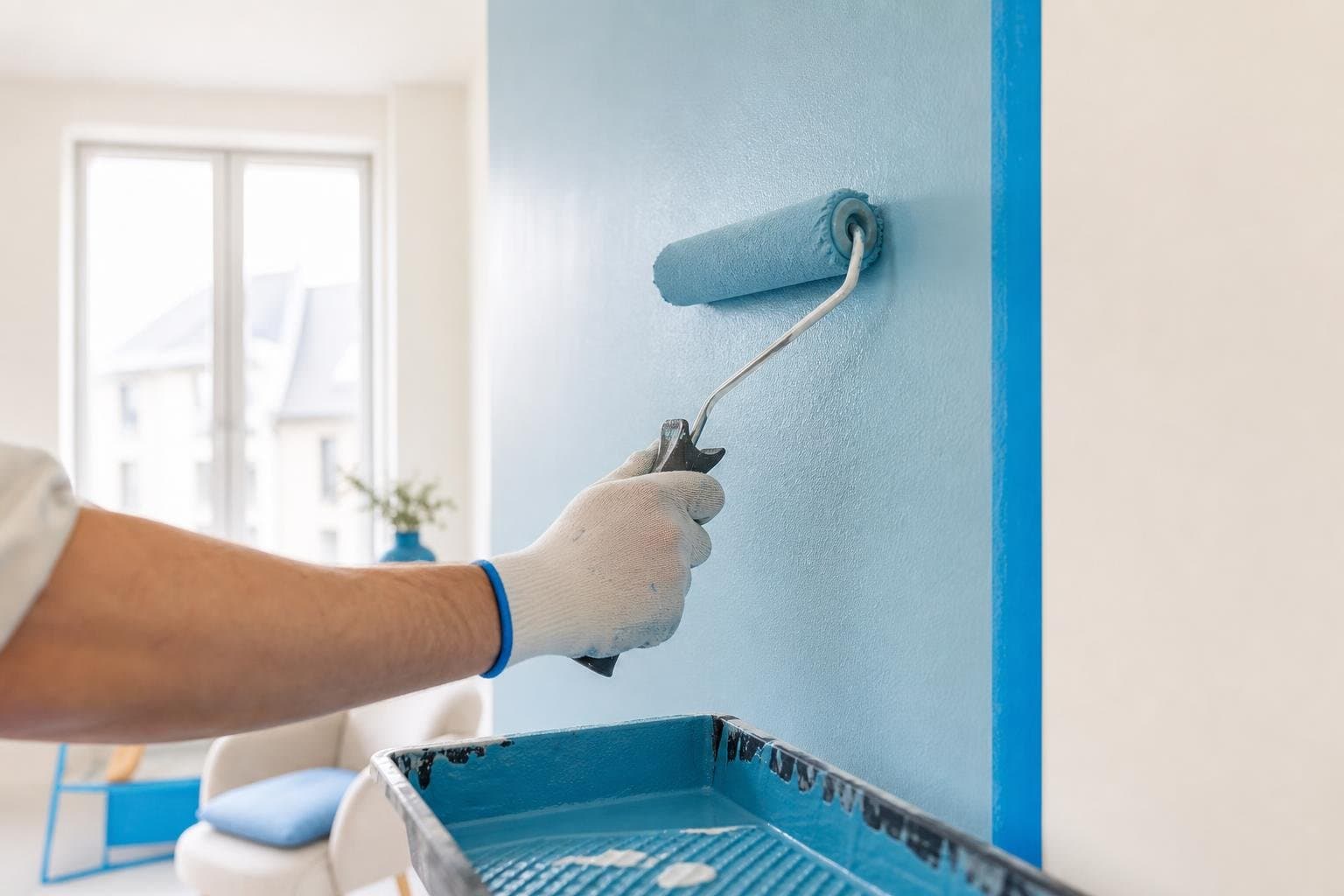 Peintre professionnel appliquant de la peinture au rouleau sur un mur intérieur