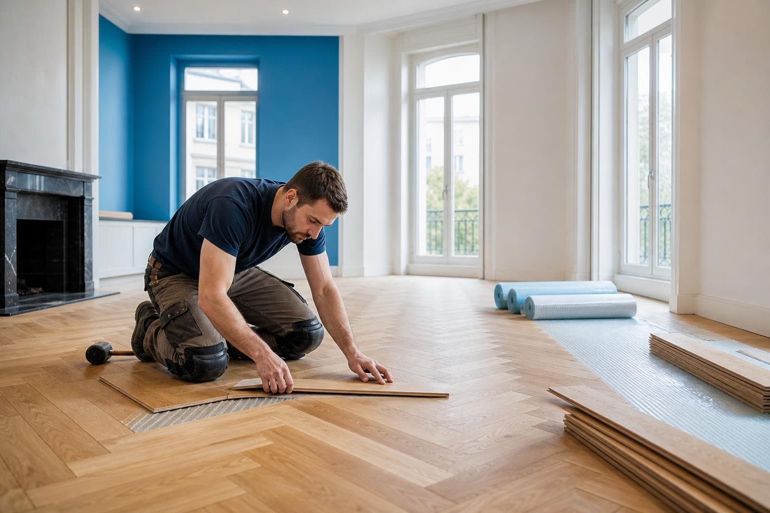 Pose de parquet en chêne dans une pièce lumineuse